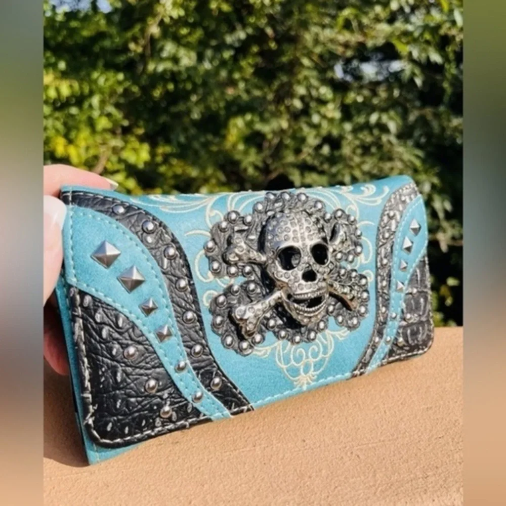 Leather Crystal Skull Convertible Crossbody Wallet Turquoise Studded NWT